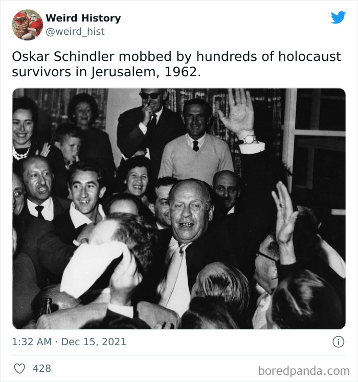 Black and white photo of Oskar Schindler surrounded by people in Jerusalem, 1962, showcasing a weird history moment.