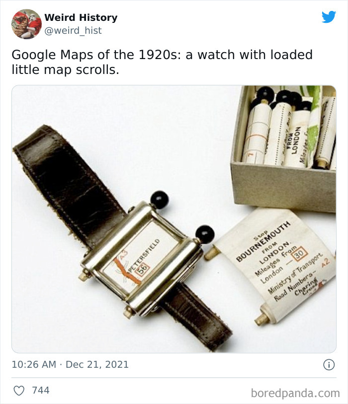 Vintage watch with rolled maps from the 1920s showing odd and interesting history from Weird History account.
