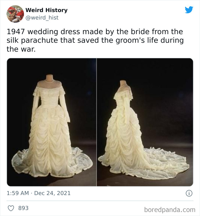 1947 historic wedding dress made from silk parachute that saved groom's life during war, showcasing weird history facts.