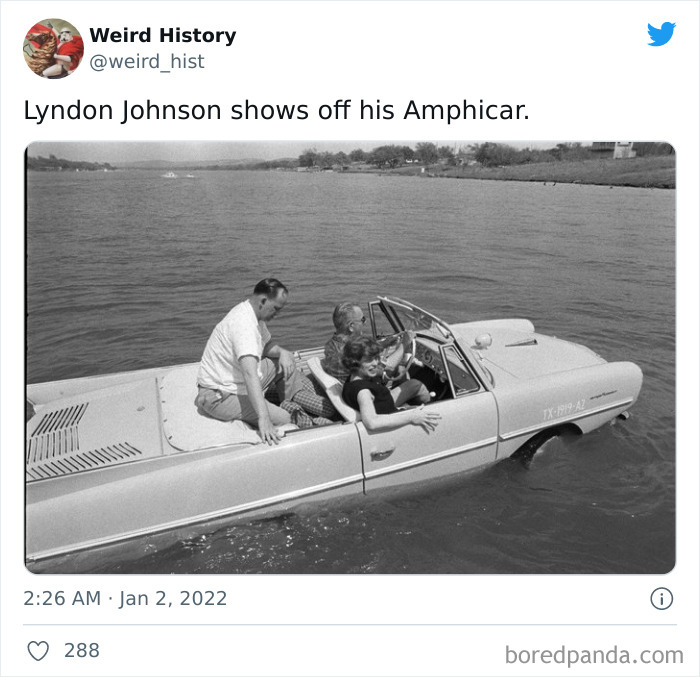 Lyndon Johnson with his Amphicar in water, showing a weird history moment of interesting and odd transportation.