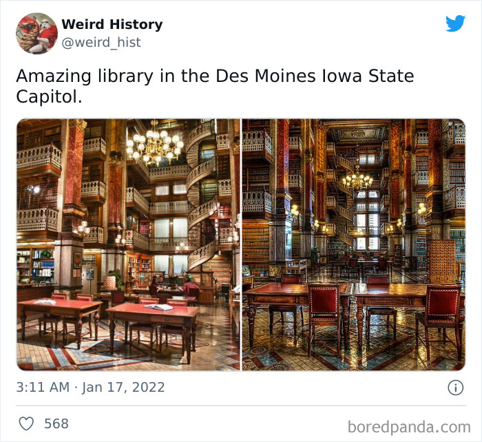 Ornate historic library interior with wooden tables and chairs, showcasing weird history's interesting and odd architectural details.