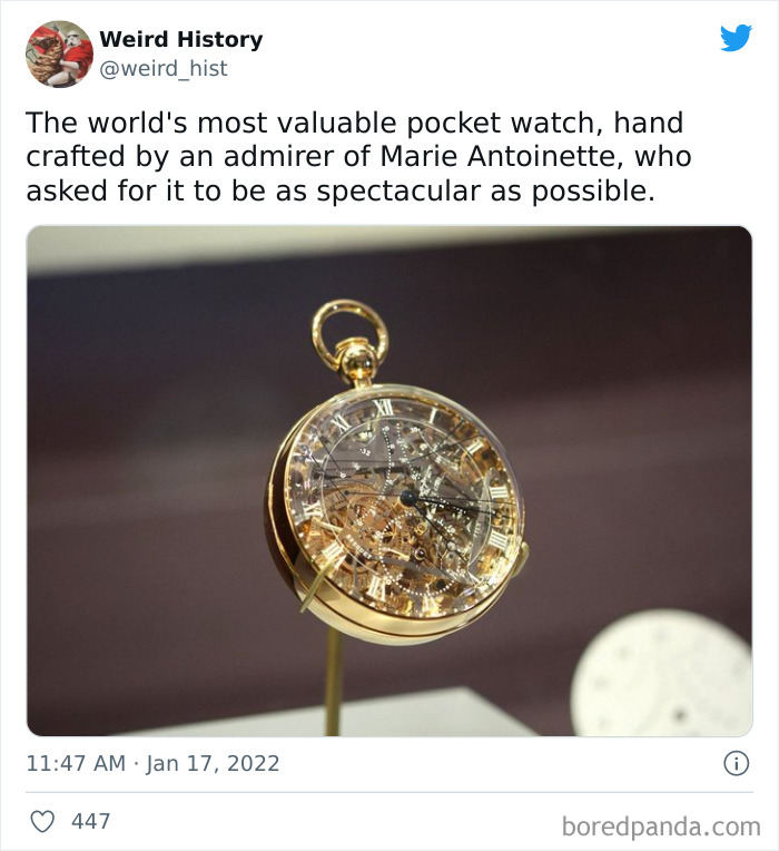 Intricate golden pocket watch crafted for Marie Antoinette admirer, featured in weird history's best posts.