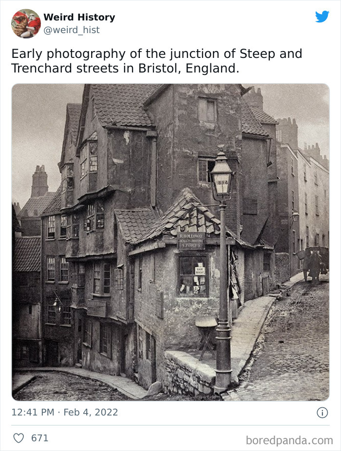 Early photography showing the historic junction of Steep and Trenchard streets in Bristol, England, from weird history posts.