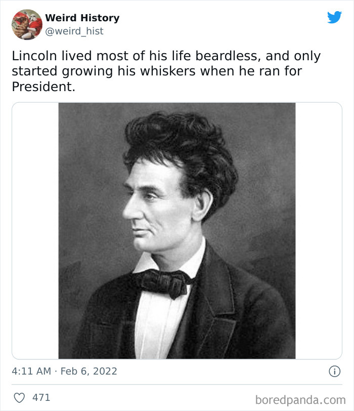 Black and white portrait of Abraham Lincoln without whiskers, illustrating a weird history fact about his appearance.