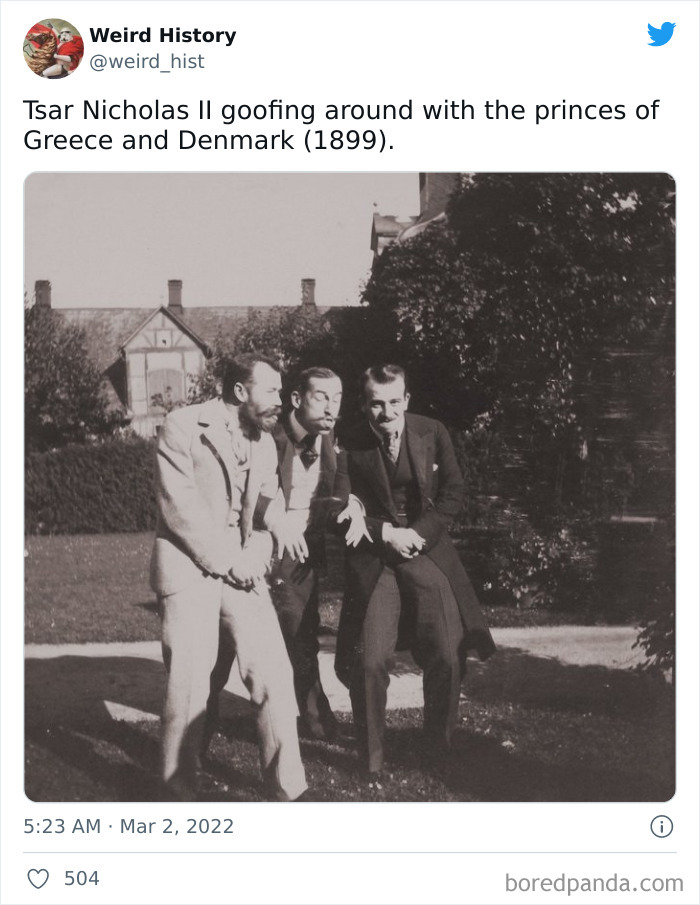 Historic photo of Tsar Nicholas II and princes goofing around, showcasing weird history’s interesting and odd moments from 1899.