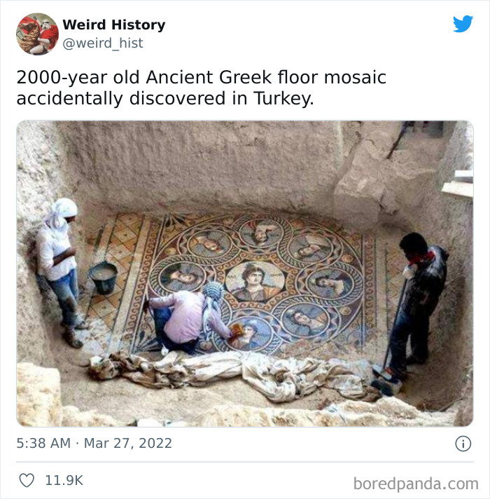 Ancient Greek floor mosaic discovered in Turkey, showing detailed faces and geometric patterns in an archaeological site.