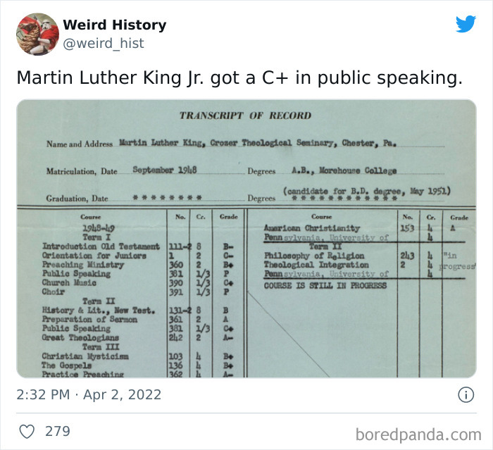 Transcript of Martin Luther King Jr.'s grades showing a C+ in public speaking, shared by Weird History.