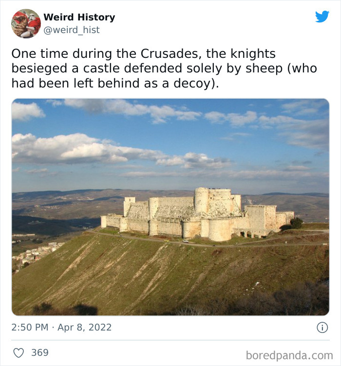 Medieval castle on a hill during the Crusades, linked to weird history stories of odd and funny historical events.