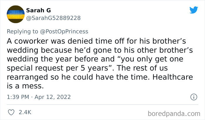 Screenshot of a tweet describing a coworker denied time off for a wedding, highlighting shameless bosses refusing day-off requests.