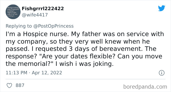 Screenshot of a tweet describing a hospice nurse denied bereavement leave by shameless bosses refusing day-off requests.