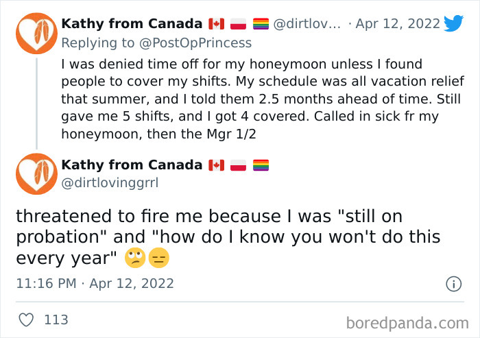 Twitter post showing a denied day-off request by a boss, highlighting shameless refusal of time off for personal events.