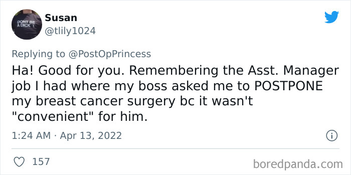 Tweet showing a user sharing an experience of a shameless boss refusing to allow time off for breast cancer surgery.