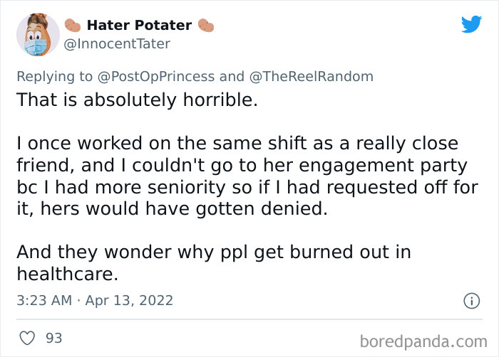 Tweet discussing workplace burnout after a shameless boss refused day-off requests despite personal events.