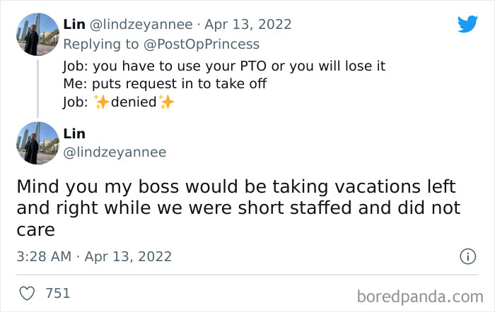 Tweet showing a user describing a shameless boss who denied a day-off request despite staff shortages and took vacations.