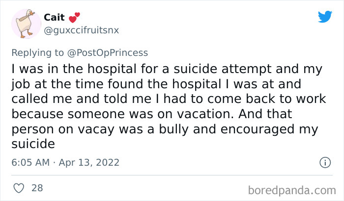 Tweet about a s*****e attempt and a shameless boss refusing a day off despite the employee's hospital stay.