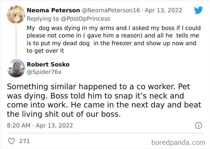 Twitter exchange showing employees sharing stories about shameless bosses refusing day-off requests during emergencies.