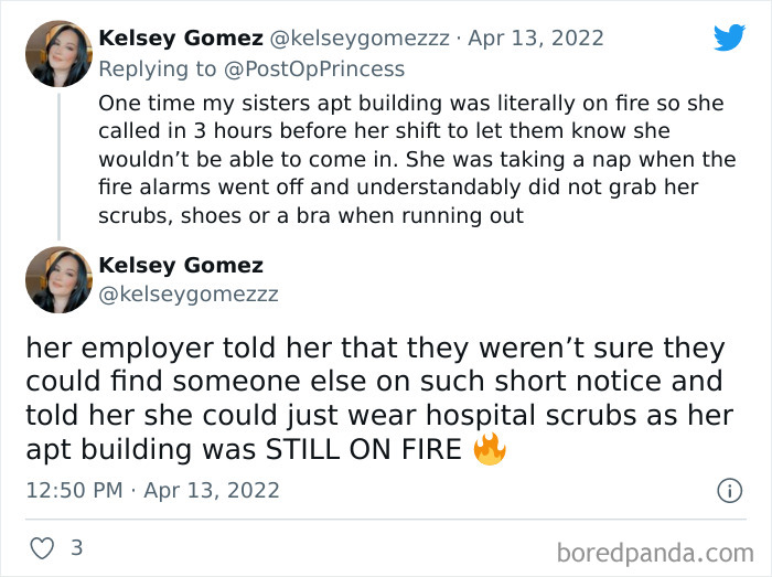 Tweet screenshot describing a rescuer’s employer refusing a day off despite an apartment building fire, highlighting shameless boss behavior.