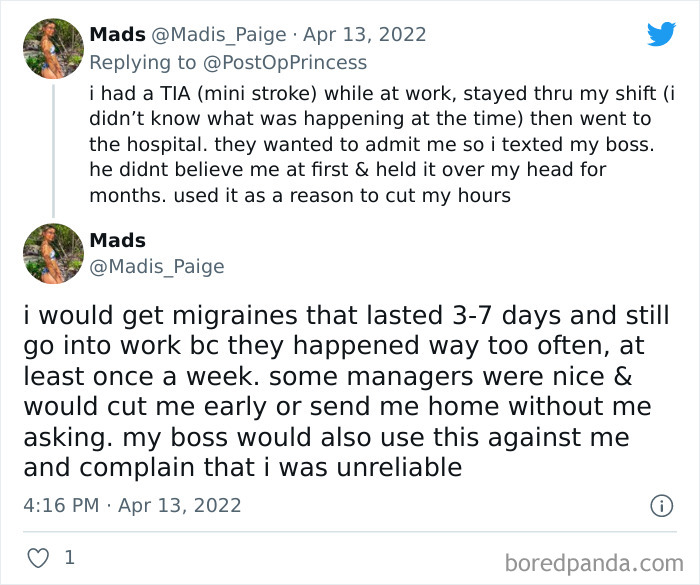 Tweet discussing migraines and unsupportive bosses refusing day-off requests despite serious health issues at work.