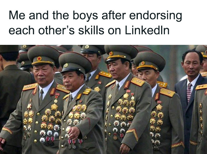 Uniformed men proudly walking, representing corporate humor about LinkedIn endorsements in office life.