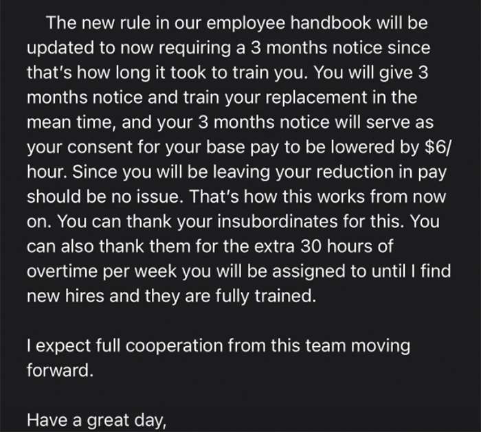 Woman Shares Her Boss' Delusional Email With Out-Of-Touch Rules After 3 Employees Quit At The Same Time
