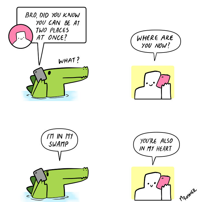 Funny comic with unexpected endings showing a crocodile and a person having a heartwarming phone conversation.