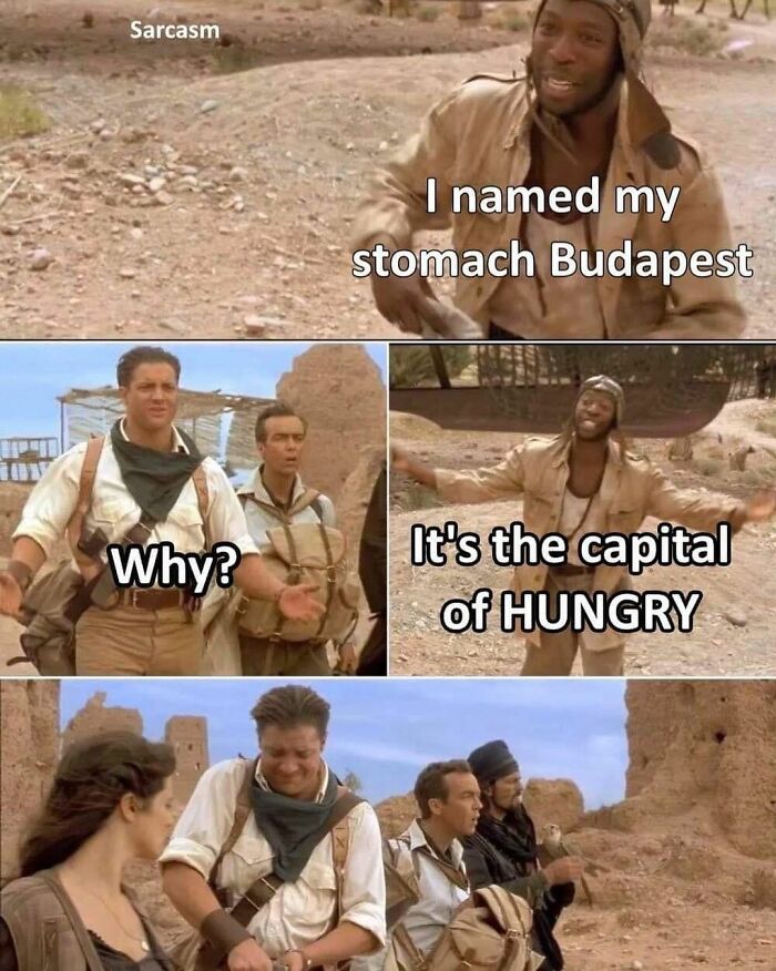 Group in desert laughing at witty Budapest meme, showcasing humor shared on 'Sarcasm Only' Instagram account.