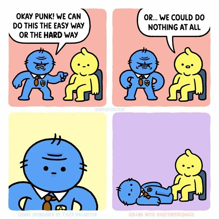 Blue police character and yellow figure in a comic strip with funny unexpected endings by the artist