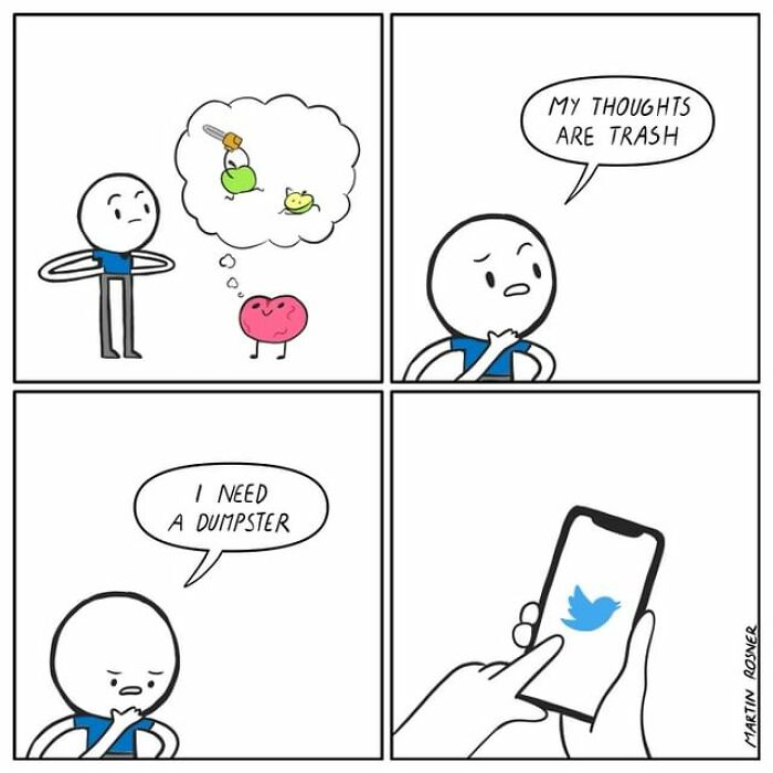 Comic strip shows a character with funny thoughts and an unexpected ending involving social media on a smartphone screen.