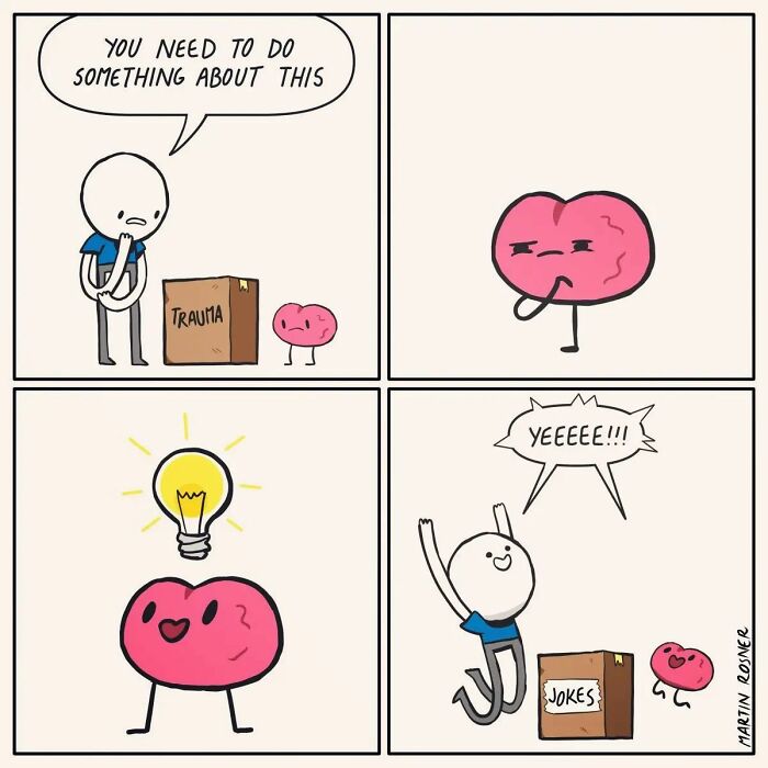 Comic strip showing a person and brain dealing with trauma, using jokes for healing in a funny comic with unexpected endings.