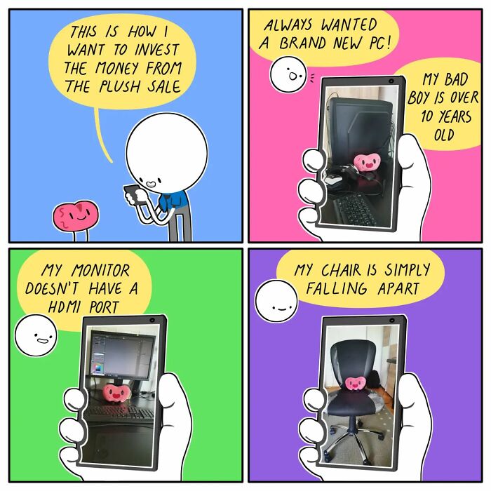 Funny comics with unexpected endings showing a character planning to invest money and facing tech troubles humorously.