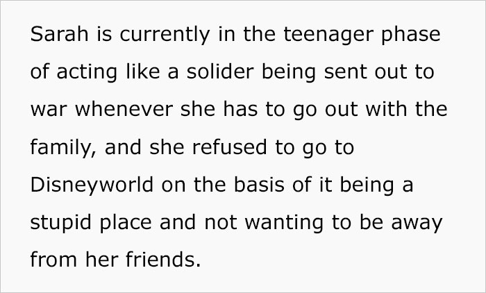 “She Feels Betrayed And Angry”: Teen Threw A Fit After Her Parents Let Her Stay Home From Their Disney World Trip “She Feels Betrayed And Angry”: Teen Threw A Fit After Her Parents Let Her Stay Home From Their Disney World Trip
