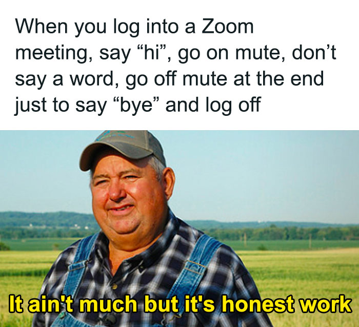 Office humor meme about Zoom meetings with farmer saying, "It ain't much but it's honest work."