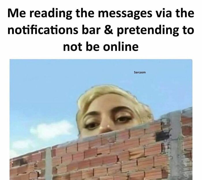 Person peering over a brick wall with text about pretending to not be online, representing relatable sarcasm.