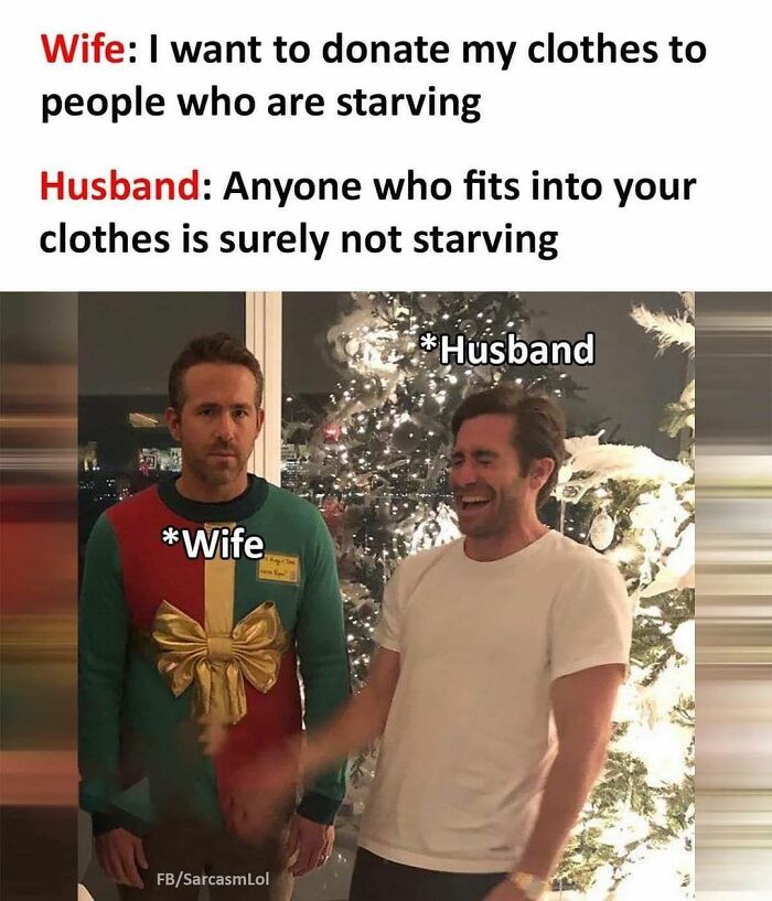 Two men labeled as “Wife” and “Husband” in a Christmas setting, showcasing a hilariously-relatable meme from Instagram.