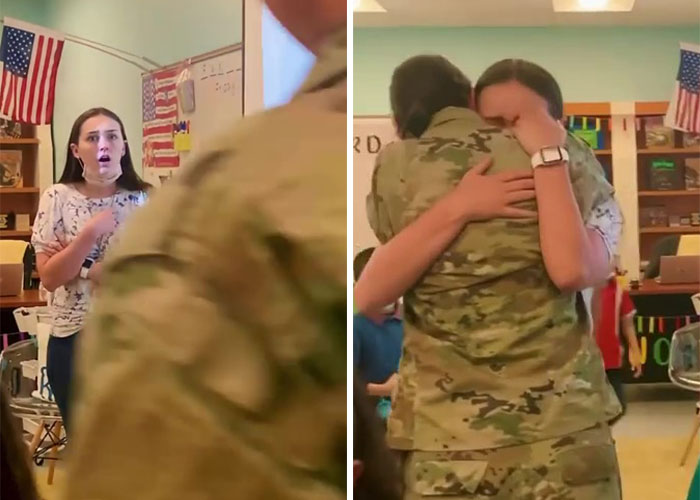 Woman Is Frozen In Place After Seeing Her Mom Enter The Classroom She&rsquo;s Teaching After 11 Months Of Deployment