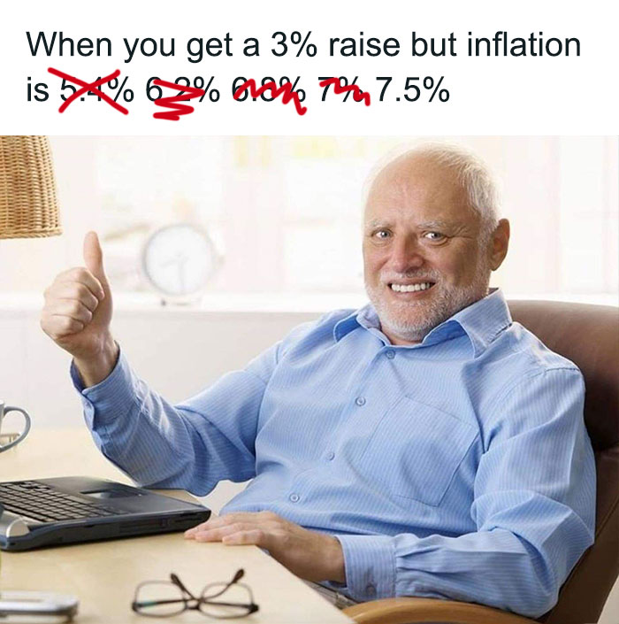 Elderly man giving a thumbs-up next to a laptop, humorously reacting to a small raise versus high inflation.