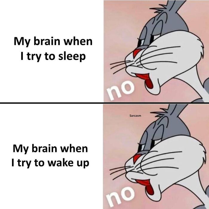 Sarcasm Only meme with Bugs Bunny: "My brain when I try to sleep/wake up" expressing reluctance with "no."