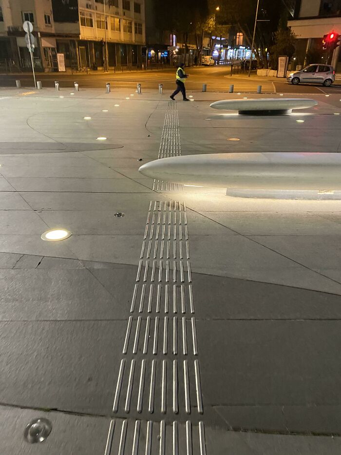 Tactile Paving For The Visually Impaired Interrupted By Giant Bench