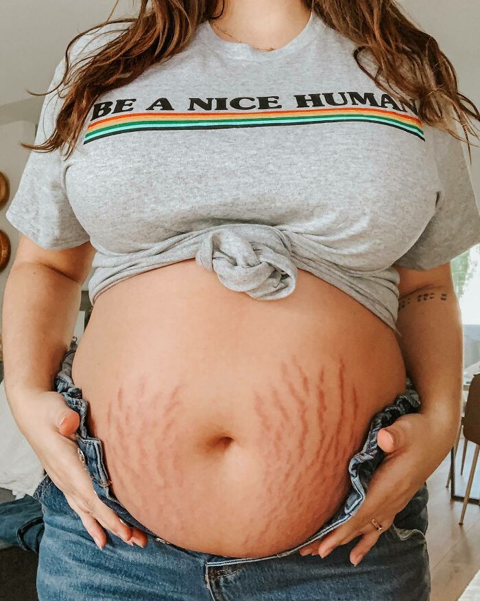 This Is What 30 Weeks Pregnant Looks Like. Belly’s Stretched Out With More To Come. Bending Over To Pick Up Things Is No Longer An Option