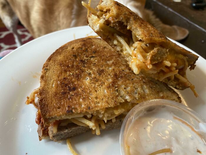 Spaghetti And Meatball Grilled Cheese With Spicy Ranch. Pregnancy Craving Satisfied
