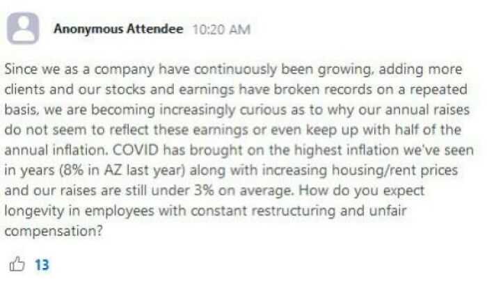 I Did It. Posted This Question For My Entire Company To See During A Meeting - Seeing The Reactions In The Faces Of The Execs Was Amazing. It’s Up To 20 Likes Within 14 Minutes