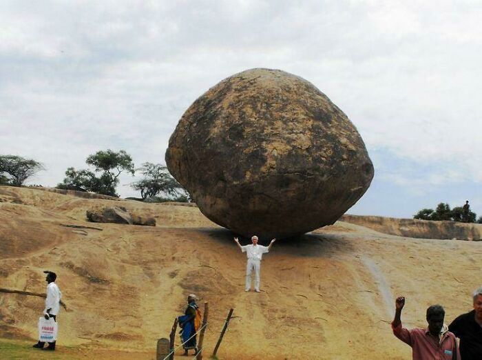 Krishna Butterball Is A Massive 250 Ton And 20ft High Rock Boulder On A Slippery Slope Of A Hill On Less Than 4ft Base Didn't Rolled Downhill And Is In This Position For More Than 2000 Years