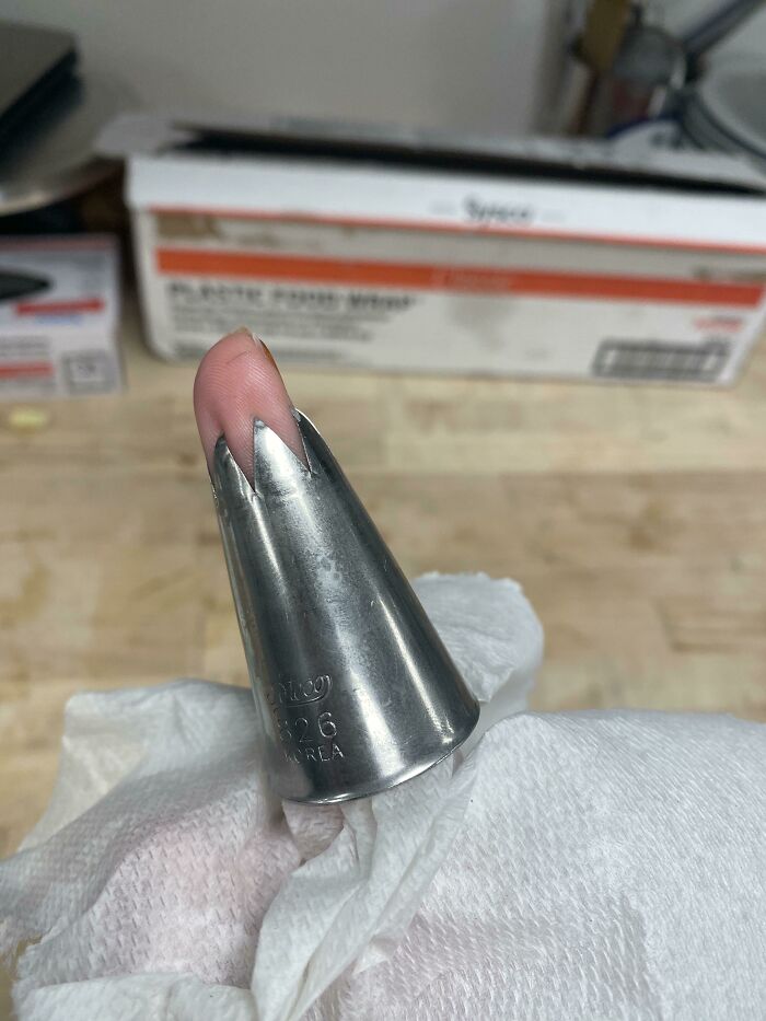 Was Washing A (Very Sharp) Greasy Piping Tip At Work. Slipped Right Onto My Finger Before I Could Stop It