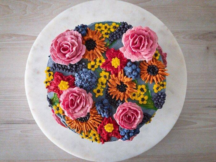Buttercream Flowers On A Vanilla And Lavender Cake!