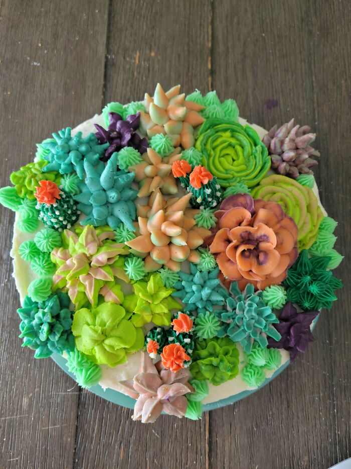 I Made A Succulent Cake For My Mom's 75th Birthday. It's A Yellow Cake, Filled With Strawberry Mousse, And Frosted With Almond Buttercream