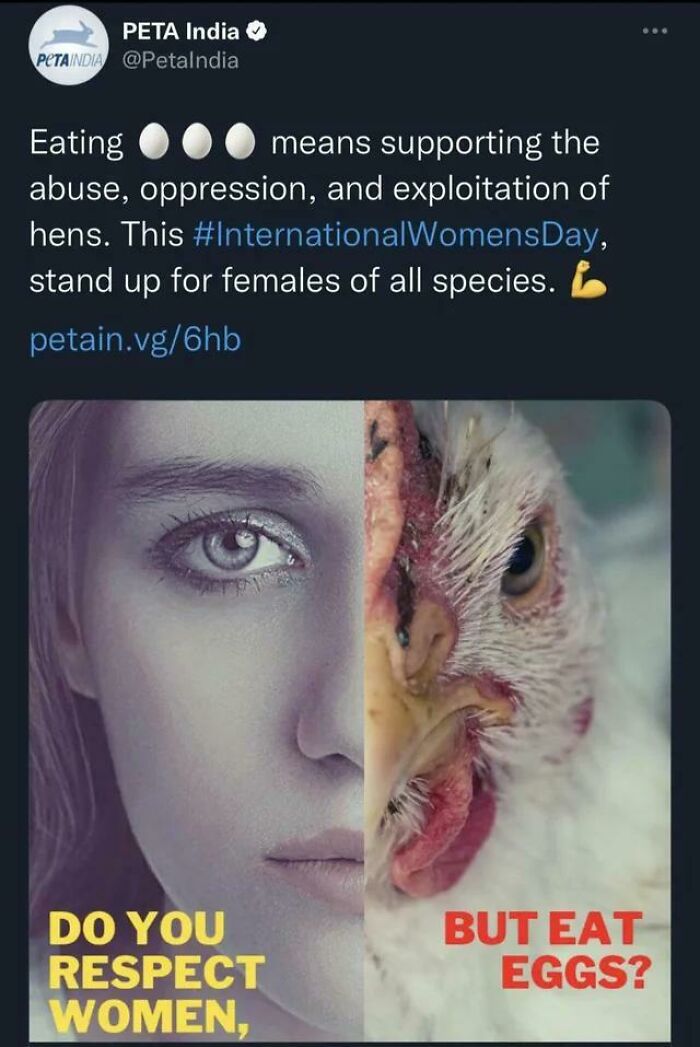 Split image showing half a woman’s face and half a hen’s face with text about respecting women and egg consumption.