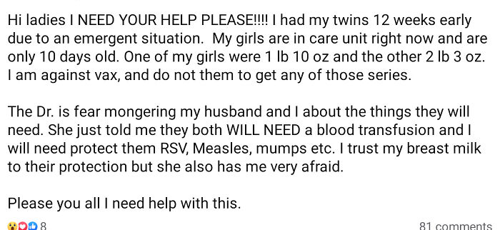 Mom Actively Working Against Doctors To Save Her Preemies' Lives. Breasmilk Is Better Than Vax Right? Right?