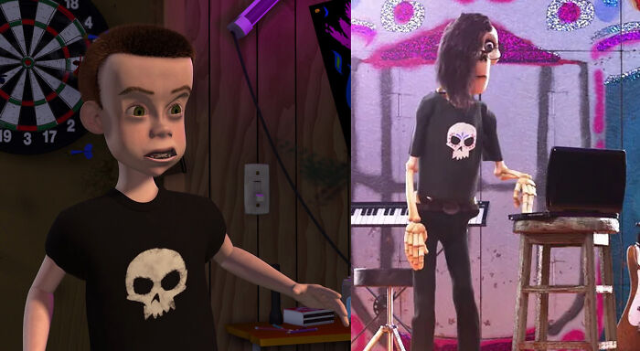 In Coco (2017), A Skeleton Is Wearing Sid's Shirt From Toy Story (1995)