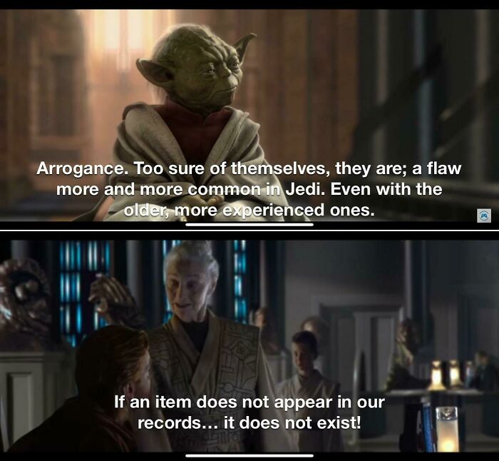 Star Wars characters discussing Jedi flaws and records, showcasing Easter eggs and hidden details from popular films.