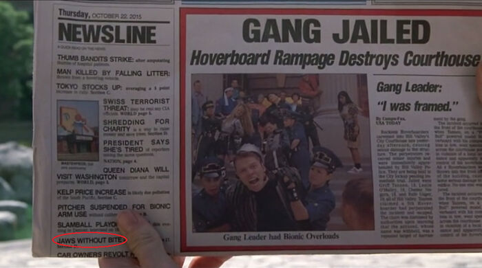 Newspaper headline showing Easter eggs and hidden details in popular films, featuring a hoverboard rampage court scene.